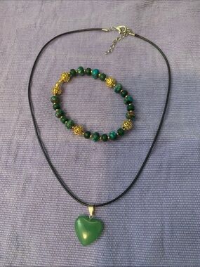 Jade Heart Pendant Necklace with Matching Beaded Bracelet - Brand: